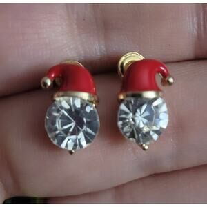 Santa hat earrings; crystal face and enamel red hat, festive Christmas earrings